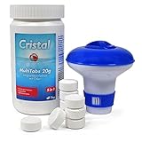 Cristal MultiTabs 5in1 Chlor Komplettpflege (20g) + Chlordosierer Bundle | Langzeitdesinfektion Algenvernichtung Trübungsentfernung Chlorstabilisierung Härtestabilisator (1 kg Dose)