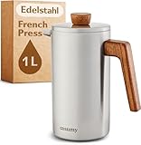 Cosumy French Press aus Edelstahl und FSC Holz - 1 Liter - Doppelwandige Thermo Isolierung - Große Kaffebereiter mit 2 Ersatzfiltern