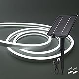 HEGEHE Solar LED Strip, Solarbetriebene Neon LED Streifen Außen, 120leds/m, 8 Modi, Schneidbar, IP65 Wasserdicht Diffusion Flex LED Schlauch Band für Garten, Balkon, Treppe (Weiß, 5M)
