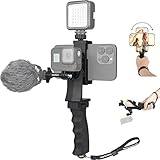 2in1 Ergonomische Tragbare Action Cam+Handy Smartphone SYN Handgriff Stabilisator Kombination Halterung Video Vlogging Rig Einbeinstativ Kit für Gopro iPhone Reisen YouTube Tiktok-Mikrofon+Videolicht