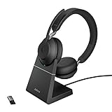 Jabra Evolve2 65 Wireless PC Headset with Charging Stand – Noise Cancelling UC Certified Stereo Headphones With Long-Lasting Battery – USB-A Bluetooth Adapter – Black