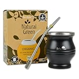 Delicatino - Mate Set Natural Edelstahl Schwarz (Organic + Mate Becher schwarz + Bombilla Hexagonal 17 cm), Mate Tee Set, Yerba Mate Tee, Doppelwandige Isolierung, 180 ml