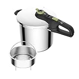 Tefal P2584402 Secure Trendy Schnellkochtopf 8 L mit Korb | 2-Stufen-Garregler: Intensivstufe 117°C, Schonstufe 112°C | Induktions-Kapselboden | für alle Herdarten | Edelstahl/Schwarz/Grün
