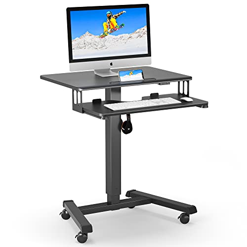 BONTEC Mobiler Schreibtisch mit 4 Rollen, Stehpult Höhenverstellbar 65×45cm Mobile Workstation, Laptoptisch mit Tastaturablage, Stehtisch für Wohnzimmer, Schlafzimmer