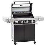 RÖSLE Gasgrill BBQ-Station VIDERO G4-S Schwarz, Grill mit 4 Edelstahlbrennern, extra Primezone und Seitenbrenner, klappbare Seitentische, VARIO+, pulverbeschichteter Stahl