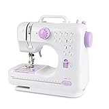 12 Stichmuster Nähmaschine für Kinder und Anfänger, Mini-Nähmaschine mit Fußpedal, Arbeitslicht, Zuhause, Nähmaschine für Einsteiger, DIY Begeisterte (505-Upgrade-Modell, Weißes lila)