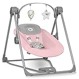 LIONELO Otto Baby Wippe, Baby Schaukel, Spielbogen mit interaktiven Spielzeugen, 5 Schaukel Geschwindigkeiten, Naturgeräusche, ab Geburt bis 9 kg, zusammenklappbar (Cozy Grey) (PINK)