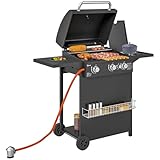 Outsunny Gasgrill 9,5 KW Grillwagen inkl 4 Brenner Seitenkocher Druckminderer Gasschlauch Rolle, BBQ Gartengrill mit 2 Heizzonen Deckel Seitenablagen Thermometer Grill für Balkon 123x57x98 cm