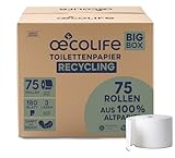 oecolife Toilettenpapier Box RECYCLING, 3-lagig, 75 Rollen x 180 Blatt, Großpackung, superweich, nachhaltiges Klopapier, wc papier ohne Plastikverpackung, wiederverwandbar