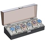 Hzuaneri Uhrenbox mit 6 Fächern, Uhrenkasten mit Großer Acryl-Deckel, Uhrenkoffer mit herausnehmbaren Uhrenkissen, Premium-Uhrenschatulle, PU-Bezug in Schwarz WBA01609G