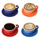 Yundu Cappuccinotassen Set 4x 300ml – Keramik-Kaffeetassen mit Untertassen, Mattierte Dunkeltöne-Mix für Latte Art & Barista, Großes Mokka Tassen & Untertassen Set