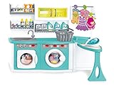 Teorema Giocattoli 67061 - Waschküche Spielzeug für Kinder mit echten Soundeffekten und Lichteffekten, Türen zum Öffnen, mit Waschmaschine, Bügeleisen, Waschmittelbehältern und Kleidung aus Karton