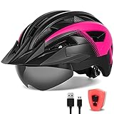 FUNWICT Fahrradhelm mit Visier für Herren Damen, Leichte Fahrradhelm mit Magnetischem Brille und USB-Aufladung LED Licht, Stylisch Mountainbike Helm (L: 57-61 cm, Schwarz Rosa)