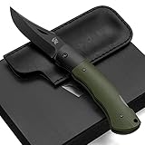 WOLFGANGS VIRUM Zweihand-Klappmesser - Ein echter Gentlemen Folder mit hochwertigem G10 Griff - Taschenmesser Holzgriff - Edles Survival Outdoor Messer - Zweihandmesser inkl. Echt-Leder Tasche