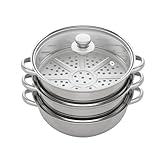 3 Etagen Kochtopf Set Dampfgarer Topf, 28cm Edelstahl Dampftopf Steamery mit Glasabdeckung, Dampfkocher Dampfkochtopf Dämpfen für Induktionskochfeld, Cerankochfeld (Silber)
