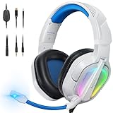 Krysenix PG2 RGB Gaming Headset für PS4/PC/Xbox, PS5 Headset mit Mikrofon, Gaming Kopfhörer mit Mikrofon, Noise Cancelling Kopfhörer mit 3.5mm Klinke Weiß/Blau