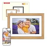 Digitaler Bilderrahmen Holz WLAN mit 32GB Speicher, 10.1 Zoll Elektronischer Bilderrahmen 1280*800 IPS Touchscreen, Fotos/Videos sofort über Frameo APP Teilen, Geschenke für Frauen Männer, Eichenholz