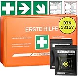 Erste Hilfe Kasten DIN 13157 Small - Inkl. Beatmungstuch (2x), praktischer Wandhalterung, 5x Aufkleber, Gesichtsmasken & Feuchttücher - Verbandskasten DIN 13157 für Betriebe, Einrichtungen & Zuhause