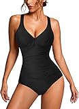 KUMAYES Damen Badeanzug Monokini Bauchweg Schlankheits Badeanzug V Ausschnitt Badebekleidung Bauchweg Bademode Swimsuit (XL, Schwarz)