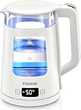 Elektrischer Wasserkocher mit Temperatureinstellung,1.7L Glas Wasserkocher mit Warmhaltefunktion, 2200W Schnelles Koche, Automatische Abschaltung & Trockengehschutz, mit 5 Farbigen Lichtern, Weiß