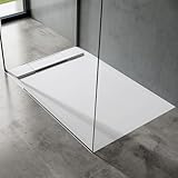 doporro Duschtasse Duschwanne 90x120x4 flach Mineralguss in Weiß inkl. Ablaufgarnitur AL02 DIN-Anschlüsse für bodenebene Montage geeignet Geoma04