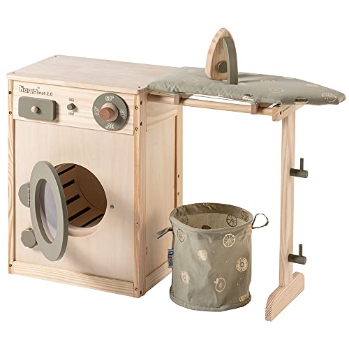 howa Kinderwaschmaschine aus Holz Waschmaschine für Kinder mit Wäscheleine, Bügelbrett, Wäschekorb und Bügeleisen 48142