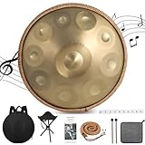 Derlvbak Handpan Instrument, 22 Zoll 10 Töne 440HZ Hand Pan Drum Steel Tongue Drum Zungentrommel für Yoga, Meditation mit Handtaschen Trommelstöcken, Trommelständer (Gold, 10 Töne-440HZ)