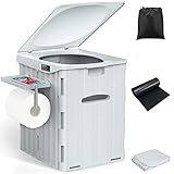 WADEO Tragbare Campingtoilette 38L, Stabile Falttoilette mit Tragkraft bis zu 200kg, Mobiltoilette Faltbares Töpchen mit abnehmbarem Papier- und Telefonhalter und 12 Stück Toilettenbeuteln (Grau)