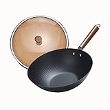 WANGYUANJI Wokpfanne 30cm, Karbonstahl Wok zum Kochen, Schmoren und Braten, ohne Chemische Beschichtung Flacher Boden Wok für Induktion Elektro Gas Halogen alle Herde