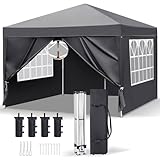 Tactfire Pavillon 3x3m,Faltpavillon,Wasserdicht,Winterfest,EIN klick Verriegelung,UV Schutz 50+,Gartenzelt,Partyzelt,Stahlrahmen,mit 4 Seitenteilen,4 Sandbeutel,für Garten,Party,Camping,Dunkelgrau