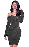 GATMSTZ Schulterfreies Damenkleid, Samt, Ballkleid, langärmelig, Abendkleid, elegant, sexy, Schwarz, GRAU, 42