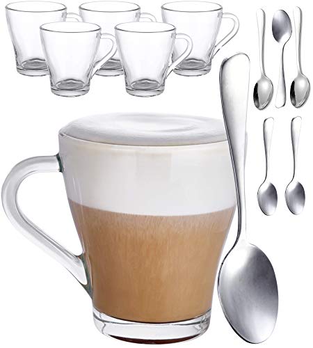 6er Cappuccino Gläser Set mit Henkel und Löffel - 250 ml - Hält lange warm