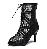 MINITOO Damen Latin Standard Tanzschuhe Mesh Abend Sandalen Stiefeletten Sommer Sexy Tanzstiefel L555 Schwarz EU 38
