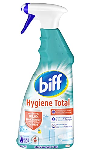 Biff Hygiene Total, Badreiniger, 750 ml, Sprühflasche, für alle Oberflächen im Bad, entfernt 99,9 % der Bakterien und speziellen Vieren*