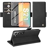Handyhülle für Samsung Galaxy S21 Hülle mit Schutzfolie, Standfunktion Kartenfach Wallet Premium Leder Schutzhülle Galaxy S21 5G Flip Case Cover Stoßfeste Klapphülle (Schwarz)