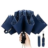 Kompakter Reise Regenschirm Groß Sturmfest – Automatik Taschenschirm für Regen, Umgekehrter Faltschirm für Herren und Damen, 210T Teflon-Beschichtung 105 cm Spannweite 10 Rippen Schirm Marineblau