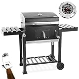 HECHT Grill Holzkohlengrill mit Grillrost aus Edelstahl – XXL BBQ Grill mit Deckel – mobiler Grillwagen mit klappbaren Ablagen – Grillrostverstellung –Thermometer – Flaschenöffner