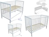 Kinderbett - Beistellbett - Babybett 120x60 cm umbaubares Bett mit Gurt und Rädern (Weiss)