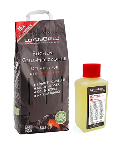 LotusGrill Buchenholzkohle 2,5 kg Sack inkl. LotusGrill Brennpaste 200 ml, beides entwickelt für raucharmes Grillen mit dem LotusGrill