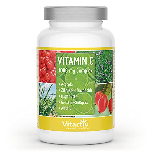 Vitactiv VITAMIN C 1000mg COMPLEX + ACEROLA - Vitamin C Hochdosiert & Time Released - Vitamine aus Acerolakirsche, Hagebutte, Alfalfa plus Zitrus Bioflavonoide - Laborgeprüft, Vegan, 100 Tabletten