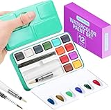 ARTISTRO Aquarellfarben Set 12 Farben in Tragbarer Box, Inklusive Metallic- und Fluoreszenzfarben, 2x Pinsel, Aquarellpapier, Acrylstifte, Aquarell für Reisen, Wasserfarben für Künstler und Hobbymaler
