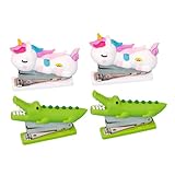 HOMSFOU 4 Stück Kompakter Mini Tacker Tierform Platzsparend und Kraftsparend Tragbarer Heftgerät für Schreibtisch Niedlich und Handlich Teiliges mit Einhorn und Krokodil für Schüler