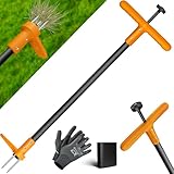 KESSER® Unkrautstecher mit Stiel | Unkrautentferner mit T-Griff & Fußpedal | Gartenwerkzeug effizientes Entfernen von Unkraut 3 Stahlzähne & Sprungfeder | Wurzelentferner mit Handschuhe & Schutzkappe