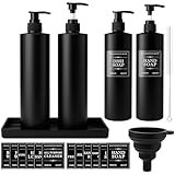 Maxumille 4 STK Seifenspender Schwarz Matt mit Tablett Etiketten, 500ml Shampoo Flaschen zum Befüllen Kunststoff Wiederverwendbar, Leere Pumpflasche Lotionspender für Flüssigseife Duschgel für Dusche