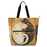 WDdZzyy Büchertasche für Kinder und Erwachsene, Boho-Tai Chi, weiße und schwarze Katzen, große Bibliotheksbuchtasche, Handtasche mit Reißverschlusstaschen, für Schule, Einkaufen, Strand, Boho Tai Chi