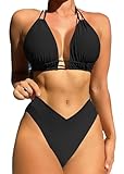 Sangdut Damen Zweiteiliger Bikini Set V Ausschnitt Badeanzug Push Up Shape Bikini Bademode Bauchkontrolle Mit Cups Triangel Bikinihose（Schwarz，XL）