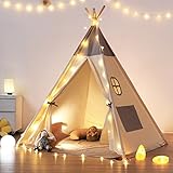 besrey Tipi Zelt für Kinder,Tippi Kinderzelt Kinderzelt für drinnen/Outdoor aus Baumwolle +Lichtern+graue Matte