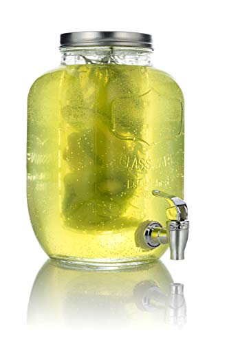 Mary's KITCHEN TOOLS Getränkespender 4 Liter aus Glas mit Fruchteinsatz | mit Zapfhahn | Wasserspender | Limonadenspender | Saftspender | Bowle | Dispenser | Einmachglas-Design (4 Liter)