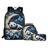 COEQINE 3-in-1 Panda Schmetterling Rucksack für Kinder Mädchen Schultasche mit Lunchbox Bleistift Geldbörse Große Kapazität Kinder Rucksack Student Vorschule Büchertasche Primärrucksack Tagesrucksack