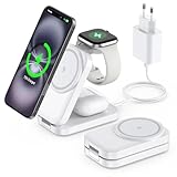 Ladestation kompatibel mit Apple Watch und iPhone,Super Tragbar Magsafe Ladegerät für iPhone 16 15 14 13 12 Serie, 3 IN 1 Mag-Safe Ladestation für Apple Watch AirPods Pro Serie (Weiß)